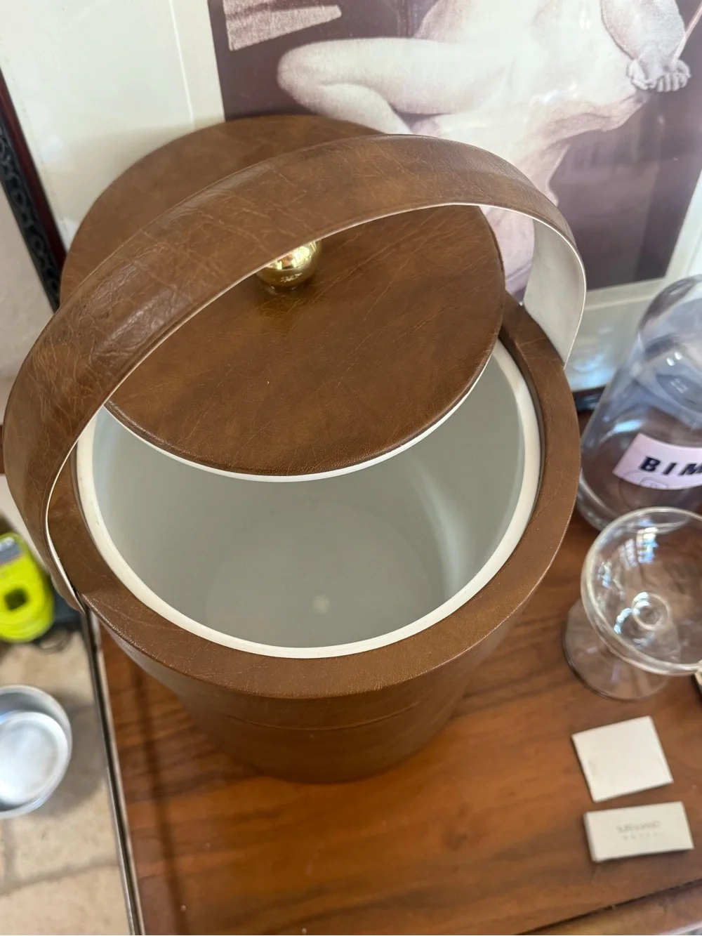 Vintage MCM Brown Faux Leather Ice Bucket with Gold Accent